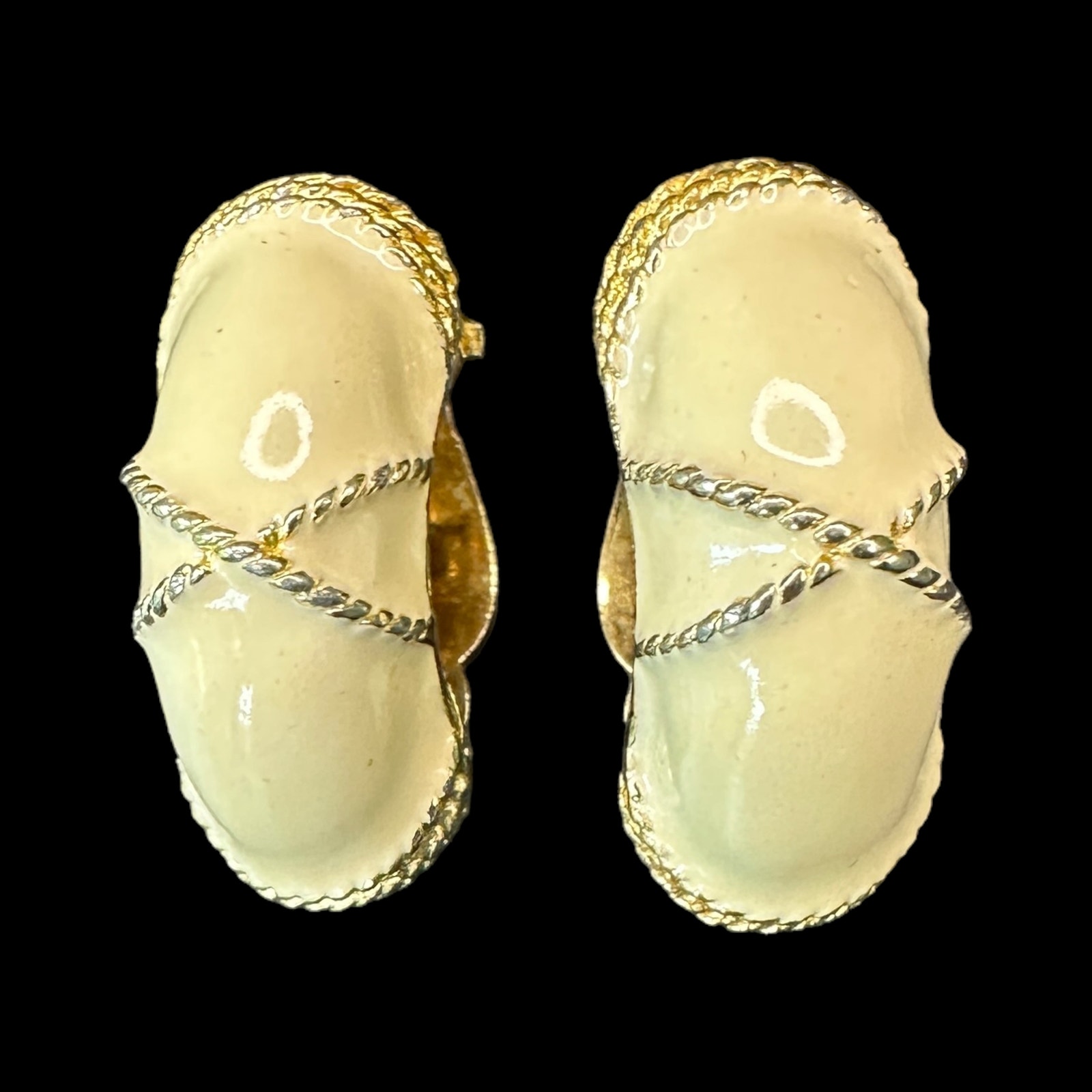 Vintage Gay Boyer Clip-On Earrings Cream Enamel With Gold & Silver Accents